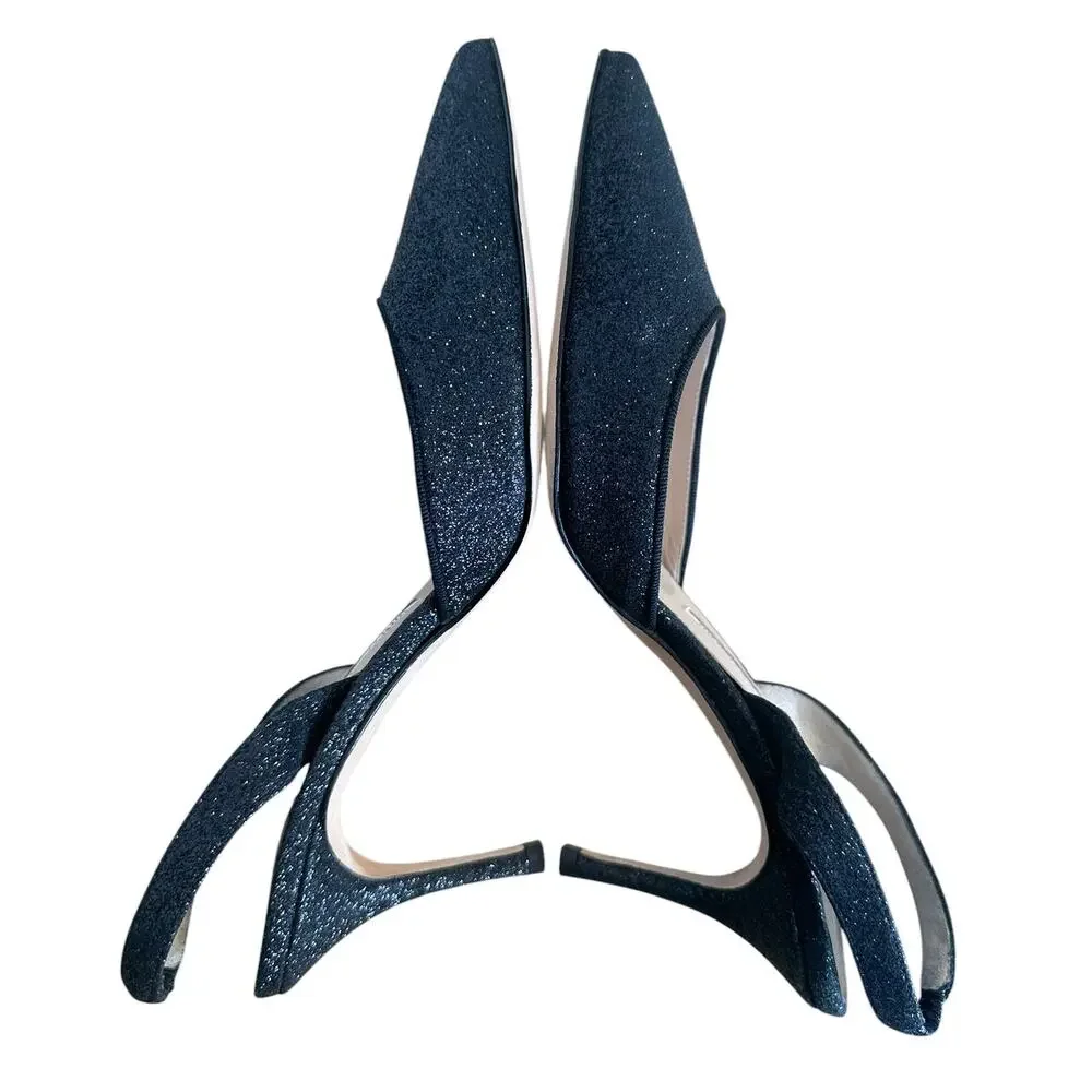 Manolo Blahnik Carolyne Black Glitter Pointed Toe Slingback Pump EU 38